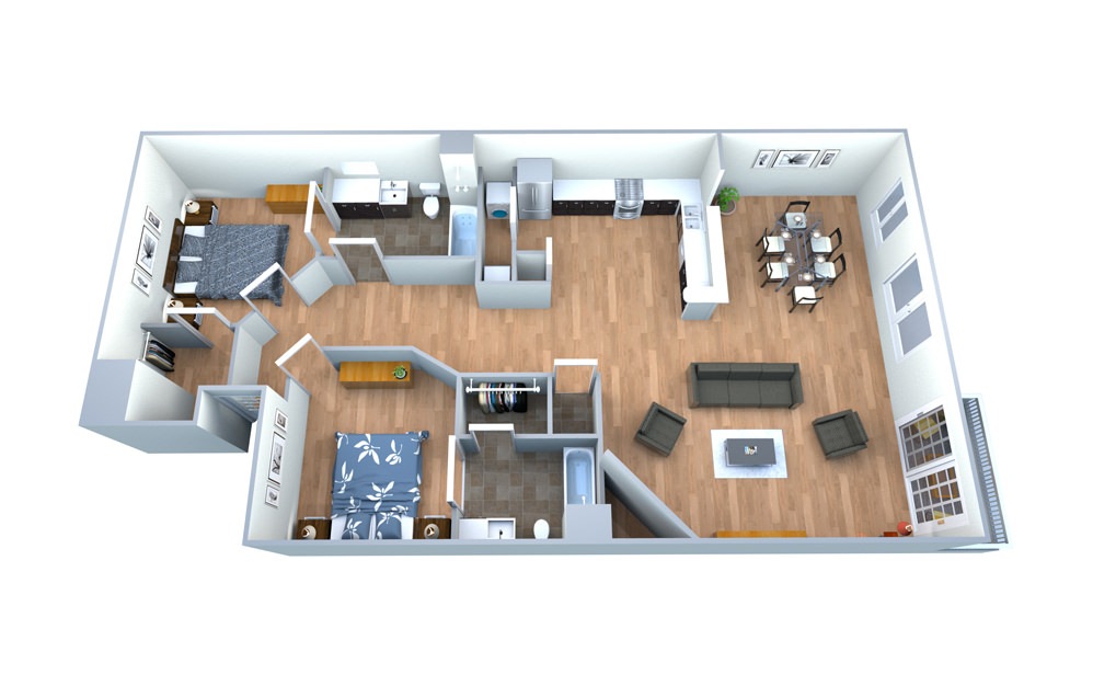 B1 - 2 bedroom floorplan layout with 2 baths and 1044 square feet.
